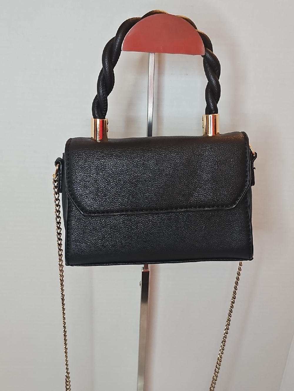 Black Top-Handle Crossbody Bag with Braided Handle